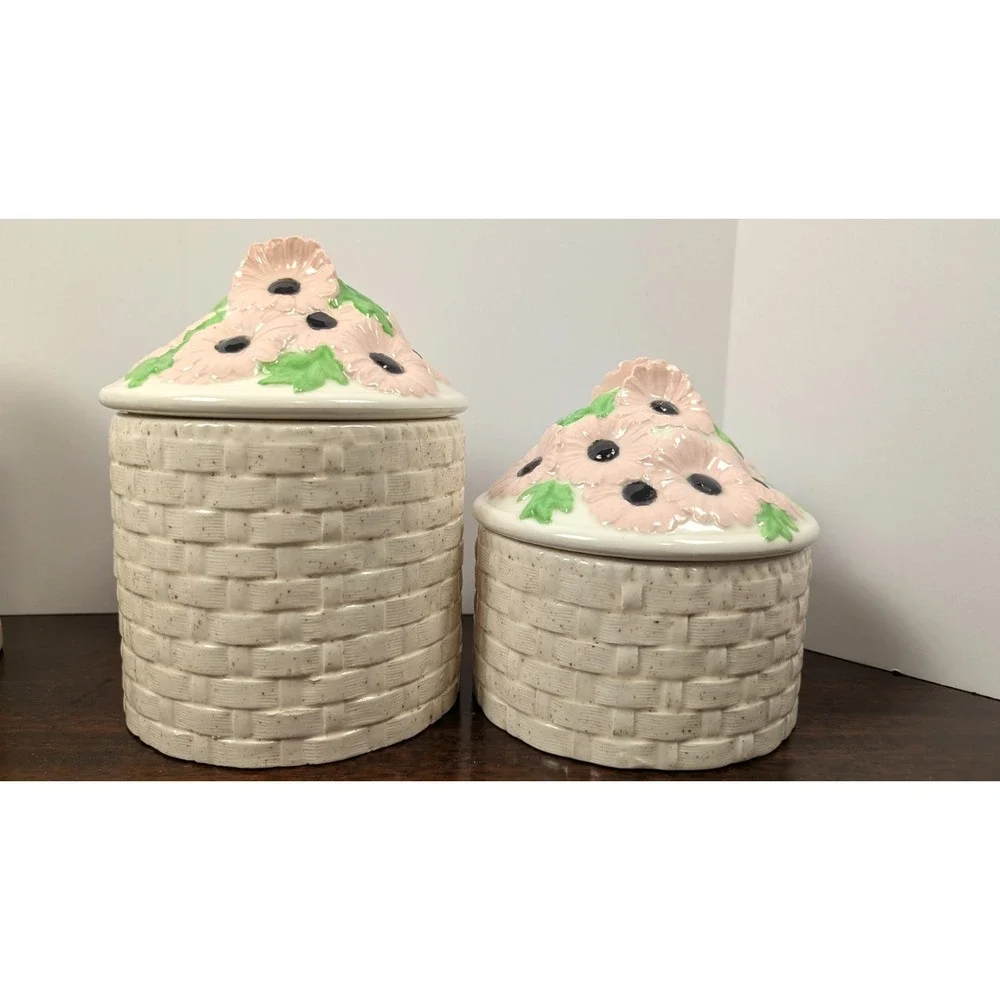 Vintage Ceramic Basket Weave Canisters Pink Daisy Flower Lids Speckled Stoneware